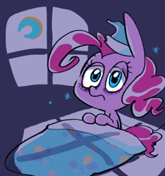 Size: 748x800 | Tagged: safe, artist:yang0, pinkie pie, earth pony, pony, blanket, female, looking at you, mare, moon, pillow, sleeping cap, tired