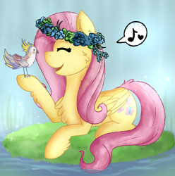 Size: 1149x1156 | Tagged: safe, artist:deraniel, fluttershy, bird, parrot, pegasus, pony, cockatiel, cute, cutie mark, eyes closed, female, floral head wreath, flower, flower in hair, mare, music notes, shyabetes, singing, solo