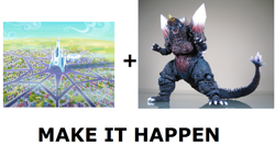 Size: 1055x643 | Tagged: safe, kaiju, games ponies play, spoiler:s03, all caps, crystal empire, exploitable meme, godzilla (series), make it happen, meme, meta, spacegodzilla