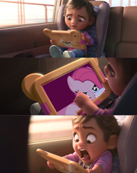 Size: 1200x1518 | Tagged: safe, edit, screencap, pinkie pie, earth pony, pony, fanfic:cupcakes, baby, breaking the fourth wall, car, disney, fear, fourth wall, fourth wall destruction, ipad, knife, meme, monitor, pinkamena diane pie, ralph breaks the internet, screaming, spoilers for another series, that was fast, wreck-it ralph, wreck-it ralph 2, younger