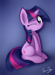 Size: 1600x2200 | Tagged: safe, artist:sheandog, derpibooru import, twilight sparkle, unicorn twilight, pony, unicorn, cute, looking at you, one eye closed, smiling, solo, twiabetes, wink