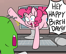 Size: 1309x1072 | Tagged: safe, artist:/d/non, pinkie pie, oc, oc:anon, earth pony, human, pony, computer, computer mouse, dialogue, female, fourth wall, happy birthday, keyboard, looking at each other, male, mare, open mouth, raised hoof, smiling, yelling