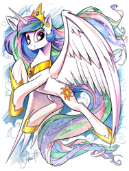 Size: 1800x2400 | Tagged: safe, artist:andypriceart, edit, idw, princess celestia, alicorn, pony, spoiler:comic, collar, colored pencil drawing, crown, enhanced traditional art, female, hoof shoes, jewelry, looking at you, mare, necklace, regalia, smiling, solo, tiara, traditional art