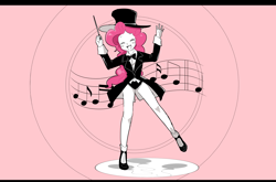 Size: 3632x2400 | Tagged: safe, artist:gyunyu, pinkie pie, equestria girls, baton, bowtie, clothes, conductor's baton, cutie mark, eyes closed, female, hat, looking at you, music notes, shoes, simple background, suit, top hat