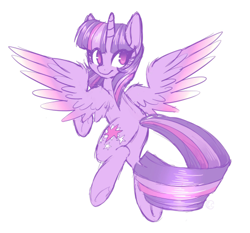 Size: 500x465 | Tagged: safe, artist:hawthornss, derpibooru import, twilight sparkle, twilight sparkle (alicorn), alicorn, pony, female, flying, looking at you, looking back, mare, simple background, solo, white background