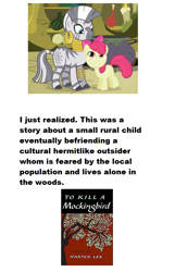 Size: 637x992 | Tagged: safe, apple bloom, zecora, zebra, spoiler:book, book, conspiracy, meta, realization, to kill a mockingbird