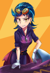 Size: 600x868 | Tagged: safe, artist:tzc, indigo zap, equestria girls, friendship games, clothes, ear piercing, earring, female, gloves, goggles, jewelry, looking at you, motocross, motorcross outfit, motorcycle, piercing, shadowbolts costume, short hair, smiling, solo, stupid sexy indigo zap