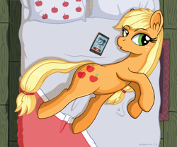 Size: 1200x1000 | Tagged: safe, artist:negasun, applejack, earth pony, pony, bed, bedroom, cellphone, female, freckles, mare, morning ponies, phone, smartphone, solo