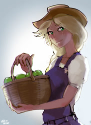 Size: 876x1200 | Tagged: safe, artist:hardbrony, applejack, human, apple, basket, clothes, cowboy hat, food, freckles, hat, humanized, overalls, smiling, solo, stetson