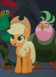 Size: 360x500 | Tagged: safe, screencap, applejack, lix spittle, mullet (character), earth pony, pony, my little pony: the movie, animated, bouncing, cropped, cute, female, gif, happy, jackabetes, mare, open mouth, parrot pirates, pirate, pronking, smiling, solo focus