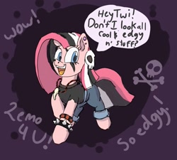 Size: 1265x1139 | Tagged: safe, artist:jimmyjamno1, pinkie pie, earth pony, pony, alternate hairstyle, cute, dialogue, ear piercing, edgy, emo, female, funny, implied twilight sparkle, jewelry, mare, necklace, open mouth, piercing, pinkamena diane pie, punkamena, punkie pie, skull, smiling, spiked wristband, wow, wristband