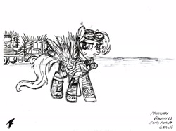 Size: 2209x1653 | Tagged: safe, artist:brekrofmadness, fluttershy, pegasus, pony, buzzard (mad max fury road), crossover, goggles, mad max, mad max fury road, monochrome, solo, spikes, traditional art, truck