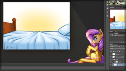 Size: 1280x720 | Tagged: safe, artist:skorpionletun, fluttershy, pegasus, pony, bed, female, mare, photoshop, unshorn fetlocks