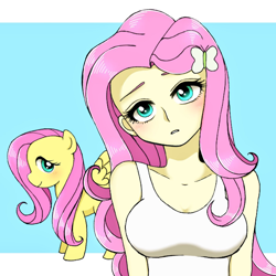 Size: 1200x1200 | Tagged: safe, artist:momoka, fluttershy, pegasus, pony, equestria girls, blushing, breasts, clothes, cute, female, looking at you, mare, shyabetes, smiling