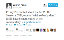 Size: 540x338 | Tagged: safe, dvd, lauren faust, meta, text, twitter