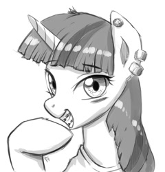 Size: 705x735 | Tagged: safe, artist:frankier77, derpibooru import, twilight sparkle, braces, monochrome, piercing, solo