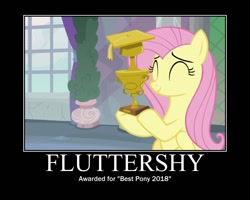 Size: 750x600 | Tagged: safe, edit, edited screencap, screencap, fluttershy, pegasus, pony, non-compete clause, award, best pony, motivational poster, solo, trophy