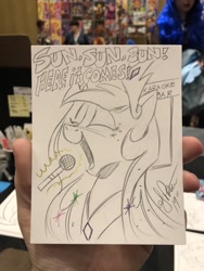 Size: 768x1024 | Tagged: safe, artist:andypriceart, idw, princess celestia, alicorn, pony, spoiler:comic, black and white, female, grayscale, here comes the sun, karaoke, mare, monochrome, singing, solo, song reference, the beatles, traditional art