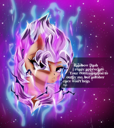 Size: 3085x3474 | Tagged: safe, artist:dimidiummorsumbra, fluttershy, pegasus, pony, aura, crossover, dialogue, dragon ball super, ear fluff, head, mastered ultra instinct, ultra instinct, yay