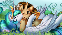 Size: 2280x1282 | Tagged: safe, artist:pridark, princess celestia, oc, oc:blade trail, alicorn, pony, unicorn, affection, blushing, canon x oc, digital art, eyes closed, female, kissing, male, mare, smiling, stallion, straight