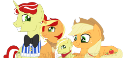 Size: 1600x758 | Tagged: safe, artist:ipandacakes, applejack, flim, oc, oc:apple spritz, oc:lil' buck, earth pony, pony, unicorn, colt, female, filly, flimjack, male, offspring, parent:applejack, parent:flim, parents:flimjack, scrunchy face, shipping, simple background, straight, transparent background