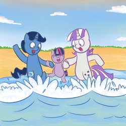 Size: 1000x1000 | Tagged: safe, artist:chrisrainicorn, derpibooru import, night light, twilight sparkle, twilight velvet, beach, father and child, father and daughter, female, foal, male, mother and child, mother and daughter, parent and child, younger