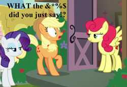 Size: 800x551 | Tagged: safe, edit, edited screencap, screencap, applejack, rarity, strawberry sunrise, earth pony, pony, unicorn, honest apple, censored dialogue, censored vulgarity, cropped, grawlixes, reaction image, shocked, strawberry savage, text