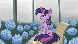 Size: 3840x2160 | Tagged: safe, artist:leafbunny, derpibooru import, twilight sparkle, twilight sparkle (alicorn), alicorn, pony, bench, chest fluff, colored pupils, cute, female, flower, fluffy, greenhouse, mare, pixiv, profile, sitting, solo, twiabetes