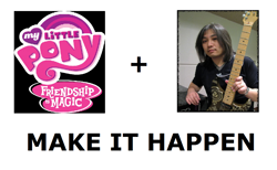 Size: 1120x692 | Tagged: safe, all caps, composer, exploitable meme, jun senoue, logo, make it happen, meme, meta, music, my little pony logo