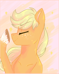 Size: 1600x2000 | Tagged: safe, artist:yomitai, applejack, earth pony, pony, eyes closed, hatless, missing accessory, solo