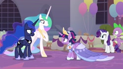 Size: 1920x1080 | Tagged: safe, screencap, princess celestia, princess luna, rarity, spike, twilight sparkle, twilight sparkle (alicorn), alicorn, dragon, pony, unicorn, the last problem, crown, female, flying, former princess celestia, former princess luna, jewelry, male, mare, regalia, second coronation dress, winged spike