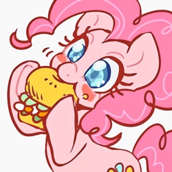 Size: 768x768 | Tagged: safe, artist:bbtasu, pinkie pie, earth pony, pony, blush sticker, blushing, burger, colored pupils, cute, diapinkes, eating, female, food, hoof hold, mare, simple background, solo