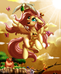 Size: 300x360 | Tagged: safe, artist:mimkage, fluttershy, bear, bird, duck, mallard, pegasus, pony, snake, cute, female, flying, mare, shyabetes, smiling