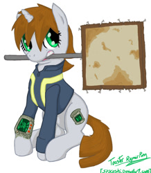 Size: 872x1000 | Tagged: safe, artist:toasterrepairunit, oc, oc only, oc:littlepip, pony, unicorn, fallout equestria, clothes, fanfic, fanfic art, female, mare, mouth hold, pipbuck, sign, simple background, solo, vault suit, white background