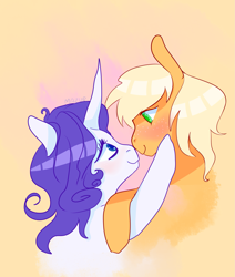 Size: 1865x2201 | Tagged: safe, artist:mazuuur, applejack, rarity, earth pony, pony, unicorn, blushing, boop, duo, female, lesbian, looking at each other, noseboop, rarijack, shipping, simple background