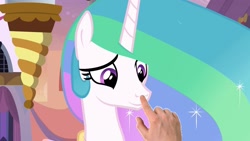 Size: 1280x720 | Tagged: safe, edit, edited screencap, screencap, princess celestia, alicorn, pony, the last problem, best pony, boop, boop edit, bronybait, cute, cutelestia, former princess celestia, hand, happy, meta, solo focus