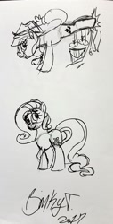 Size: 1498x2944 | Tagged: safe, artist:binkyt11, derpibooru exclusive, applejack, fluttershy, earth pony, pegasus, pony, applebucking, female, mare, monochrome, shy, wingless