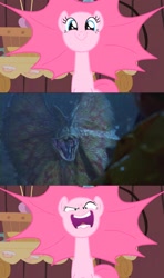 Size: 759x1280 | Tagged: safe, artist:curly, edit, edited screencap, screencap, pinkie pie, dilophosaurus, dinosaur, earth pony, pony, party of one, arizona, jurassic, jurassic park, you're going to love me