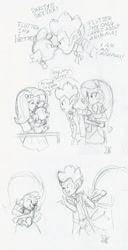 Size: 997x1942 | Tagged: safe, artist:carnifex, fluttershy, rarity, spike, spike the regular dog, dog, equestria girls, female, flutterspike, male, monochrome, shipping, sketch, sparity, spike the human, straight, traditional art