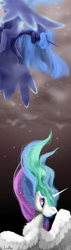 Size: 2000x7000 | Tagged: safe, artist:livitoza, princess celestia, princess luna, alicorn, pony, crying, digital art, eyes closed, female, looking at each other, looking down, looking up, mare, royal sisters, siblings, sisters