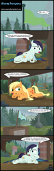 Size: 2257x7109 | Tagged: safe, artist:toxic-mario, applejack, coloratura, earth pony, pony, absurd resolution, barrel, camp, camp friendship, comic, female, filly, filly applejack, filly coloratura, flag, mist, mud, muddy, rain, tree, wet, wet mane, younger
