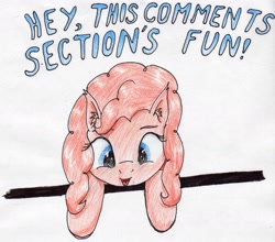 Size: 2388x2106 | Tagged: safe, artist:40kponyguy, derpibooru exclusive, pinkie pie, earth pony, pony, ear fluff, female, fourth wall, looking down, mare, reaction image, simple background, solo, traditional art, white background