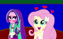 Size: 1200x750 | Tagged: safe, artist:bigpurplemuppet99, artist:sugarilicious, aria blaze, fluttershy, equestria girls, alternate hairstyle, ariashy, blushing, female, flutterblaze, lesbian, loose hair, shipping