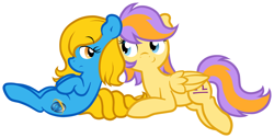 Size: 1280x645 | Tagged: safe, artist:furrgroup, oc, oc only, oc:internet explorer, browser ponies, internet explorer, libra, lidded eyes, looking at each other, lying down, ponyscopes, simple background, smiling, white background, zodiac