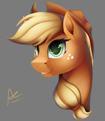 Size: 1740x2000 | Tagged: safe, artist:ac-whiteraven, applejack, earth pony, pony, bust, cowboy hat, female, freckles, hat, mare, portrait, signature, simple background, smiling, solo, stetson