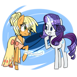 Size: 800x800 | Tagged: safe, artist:rosethekitty11, applejack, rarity, earth pony, pony, unicorn, alternate hairstyle, bandage, clothes, cute, dress, female, jackabetes, magic, mare, ponytail