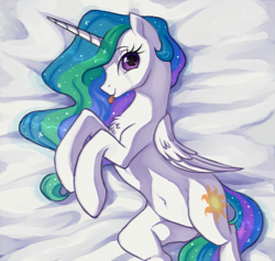 Size: 1255x1191 | Tagged: safe, artist:toroitimu, princess celestia, alicorn, pony, :p, beautiful, belly button, chest fluff, cute, cutelestia, cutie mark, female, folded wings, looking at you, lying down, mare, multicolored mane, multicolored tail, purple eyes, sillestia, silly, solo, tongue out, we don't normally wear clothes