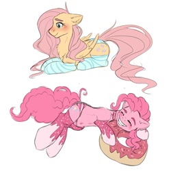 Size: 1280x1280 | Tagged: safe, artist:dinoalpaka, fluttershy, pinkie pie, earth pony, pegasus, pony, blushing, chest fluff, clothes, collar, cute, diapinkes, donut, duo, female, food, mare, panties, prone, rcf community, shyabetes, simple background, socks, striped socks, striped underwear, underwear, white background