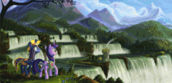Size: 1200x583 | Tagged: safe, artist:devinian, artist:equum_amici, derpibooru import, edit, twilight sparkle, twilight sparkle (alicorn), oc, oc:zephyr, alicorn, bird, lizard, pony, animated, building, canon x oc, cinemagraph, female, forest, grin, hot air balloon, mare, mountain, neighagra falls, open mouth, raised hoof, saddle bag, scenery, scenery porn, shipping, smiling, tree, twiphyr, waterfall