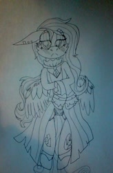 Size: 612x935 | Tagged: safe, artist:fuchsia flame, fluttershy, pegasus, pony, fake it 'til you make it, season 8, art, blushing, clothes, fluttergoth, jewelry, makeup, necklace, panties, piercing, socks, traditional art, underwear, waifu